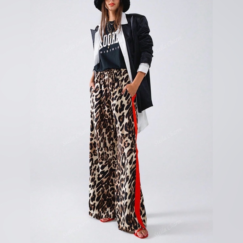 Leopard Print Wide-Leg Pants with Red Stripe